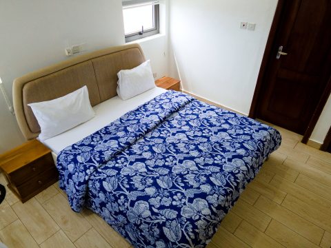 Brown apartment bedroom with an upholstered double bed