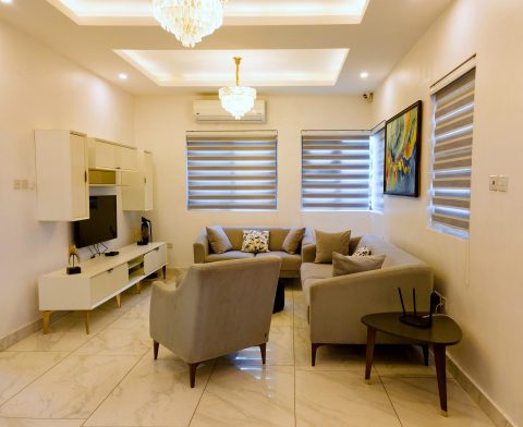 Brown apartment living room with sofas, TV unit and chandeliers