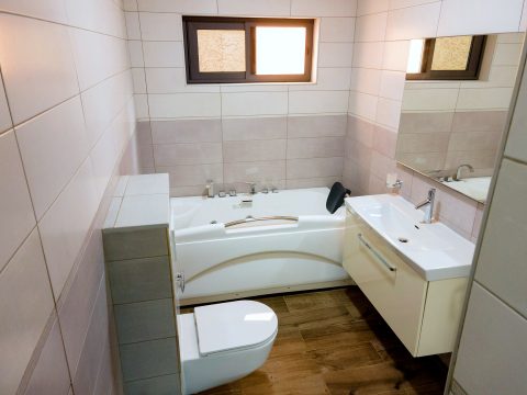 Bathroom with a jacuzzi bathtub, vanity and toilet