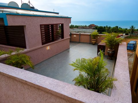 Brown apartment roof terrace with potted palms and a sea view