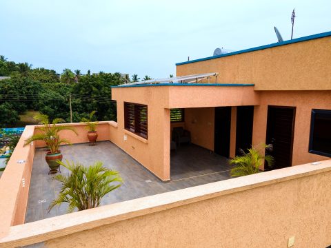 Orange apartment roof terrace with potted palms